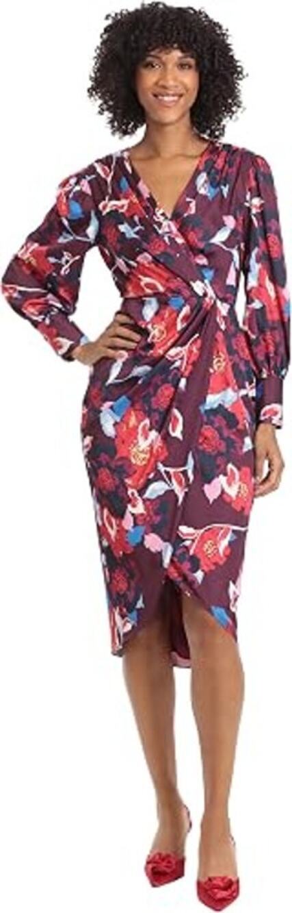 Maggy London Floral Long Sleeve Hi-Low Faux Wrap Dress Red Multi Womens US 8 NWT